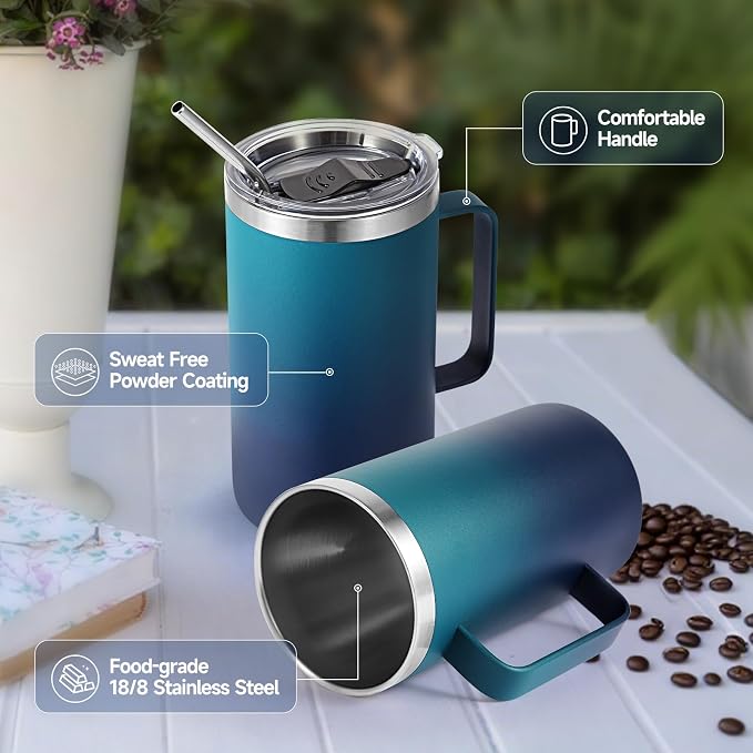 Volhoply 22oz Insulated Stainless Steel Coffee Mugs with Leakproof Lid Bulk 2 Pack,Double Wall Vacuum Travel Coffee Cup with Handle,Reusable Metal Tumbler,Camping Mug Keep Hot&Cold(Dark Night,2)