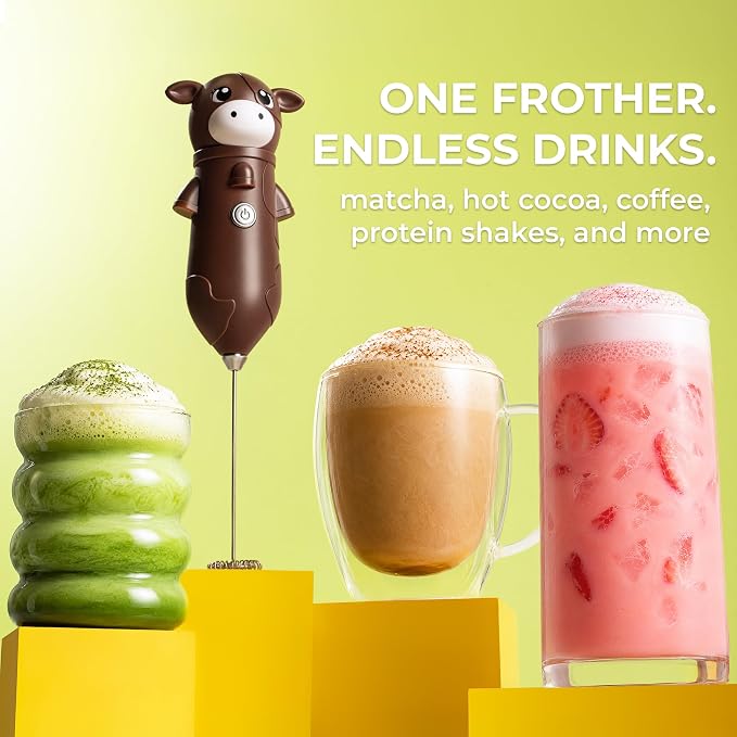 Zulay Kitchen Cow Milk Frother Wand – Cutesy Frother, Meet Your New Frothing Buddy Chocolate The Cow, Adoption Papers and Stickers Included, Purrr-fect for Lattes, Cappuccino & Matcha – Brown
