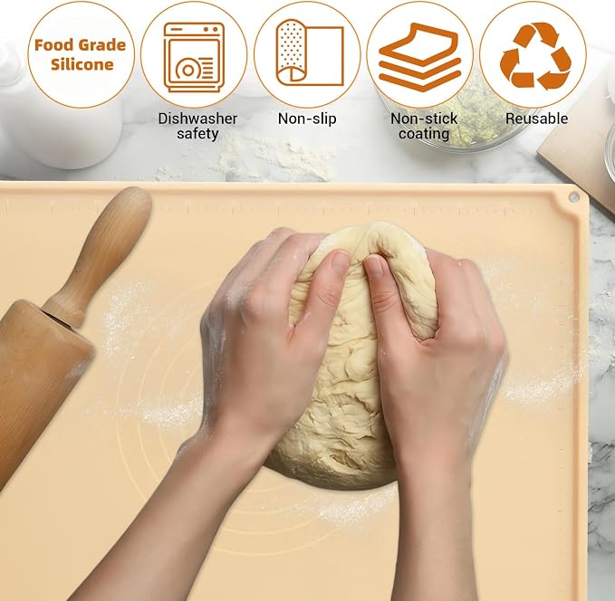 Ink-free Extra Large Silicone Pastry Mat for Healthy Baking 32 * 24Inch Large, Thickness 0.08Inch Heavy Duty Non-Slip Dough Rolling Mat, Non-Stick, Non-Slip and BPA Free Baking Mat.(Beige)