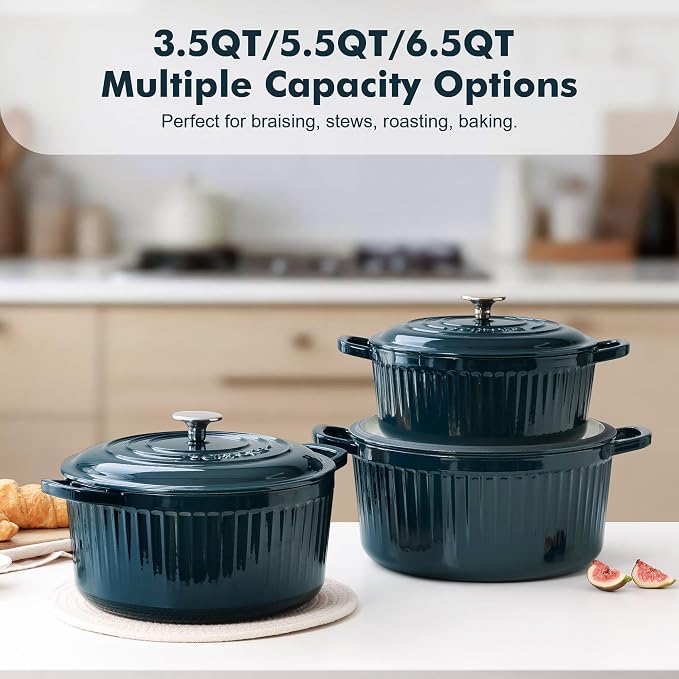 SENSARTE Enameled Cast Iron Dutch Oven Pot with Lid 3.5/5.5/6.5 Quart Heavy-Duty Round Dual Handles Kitchen Pot with Cotton Potholders & Silicone Trivet, Pot for Bread Baking, Stews, Braising, Roasting, Oven Safe, 3.5 Quart, Emerald Green