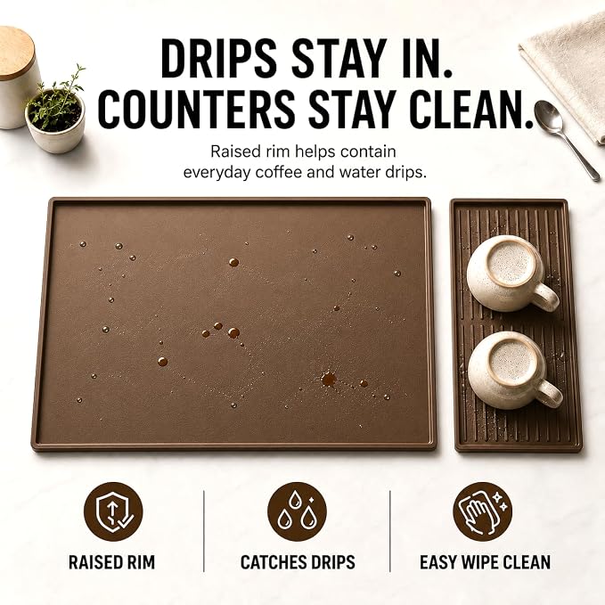 Silicone Coffee Mat 24 x 16 in with Tray, Classic Coffee Brown | Coffee bar mat for countertop use, coffee station mat or coffee machine mat with removable tray and 0.47 in raised rim.