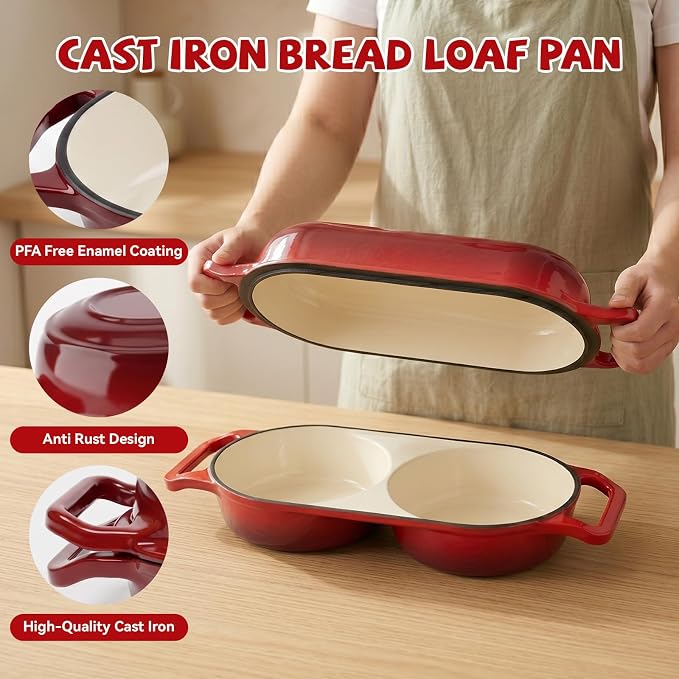 Double Dutch Oven Pot with Lid, 2.2QT Enameled Cast Iron Bread Loaf Pan, Mini Dutch Oven For Sourdough Bread Baking, 500°F Oven Safe Non Stick Dual Round Bread Pan, Bread Oven, 16.5cm Diameter, Red