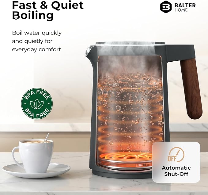 BALTER Electric Kettle with Temperature control, 113 °F – 212 °F, Tea pot, Stainless steel, double wall water kettle, BPA-free, quiet tea kettle, 1.5 L, 2200 W, Titanium Gray