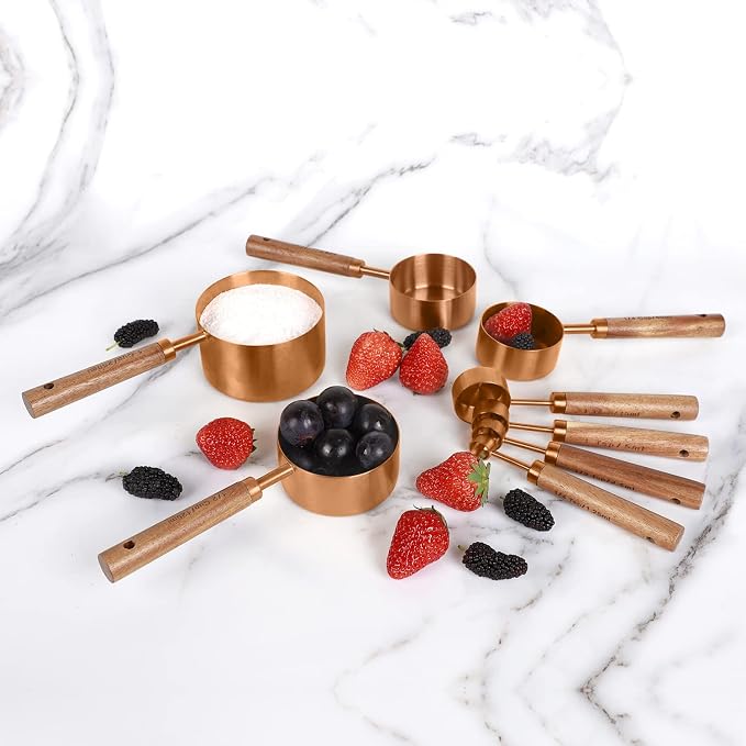 Collection 8 Piece Rose Gold Measuring Cups Set and Measuring Spoons, Golden With fragrant wood Handles-Complete Set of Measure Cups and Spoons For Cooking and Baking.