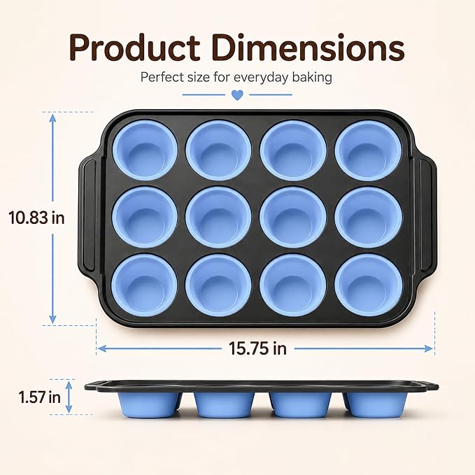 Silicone Muffin Pans for Baking, 12-Cup Muffin Tin with Metal Frame | Reinforced Metal Frame, 12-Cup Size, Easy Release Cups, Nonstick Silicone, Oven & Dishwasher Safe