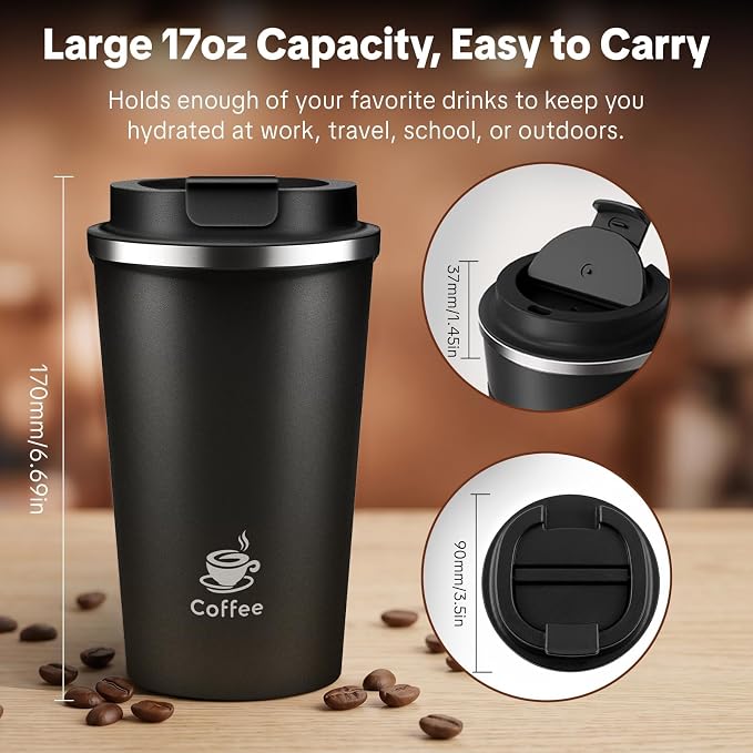 17oz Travel Coffee Mug ,Leakproof Vacuum Coffee Cup Insulated Tumbler | 304 Stainless Steel, Double-Wall Vacuum Insulated, Leakproof, Fits Hot & Cold Drinks Car Cup Holders, Travel, Office