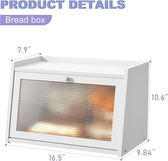 Large Farmhouse Bread Box with Window -White Natural Wood Bread Storage Container for Kitchen Countertop