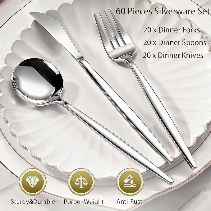 60-Piece Silverware Set for 20, Food Grade Stainless Steel Flatware Set with Thickened Forks Spoons Knives, Mirror Polished Cutlery for Home, Parties, Restaurant, Dishwasher Safe