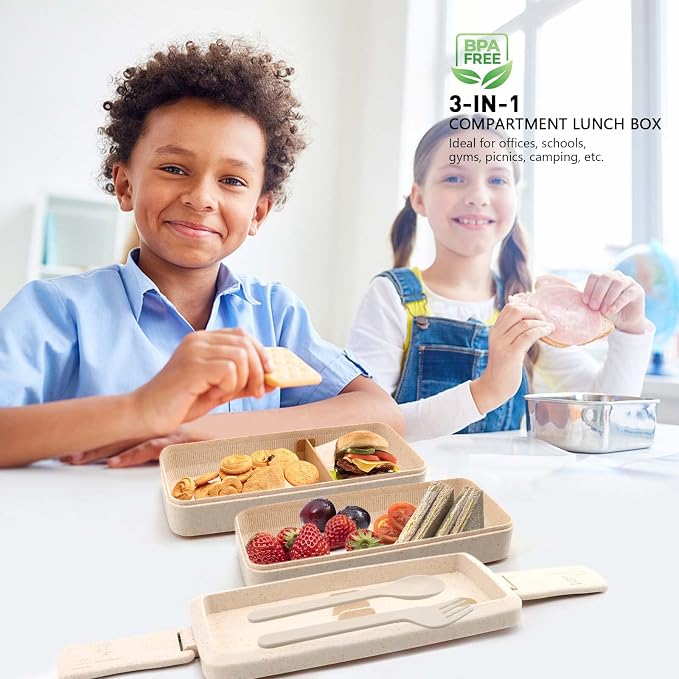 Bento Box Japanese Lunch Box Kit Leakproof Bento Lunch Box for Kids Adults Wheat Straw 3 Layer Stackable Lunch Containers with Compartment Eco-Friendly Meal Prep Containers (Beige)