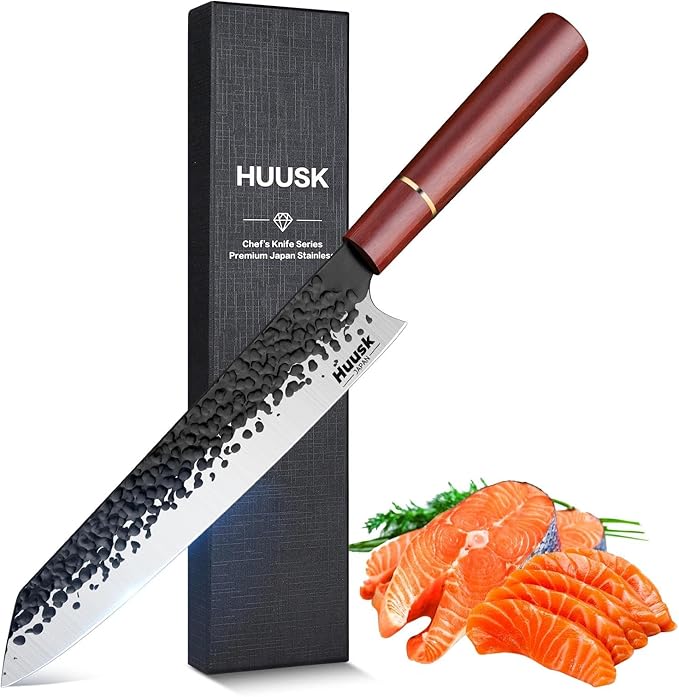 Huusk Japanese Kiritsuke Chef Knife - 8 Inch Hand Forged Kitchen Knives | Multipurpose High Carbon Steel Cooking Knife for Meat & Fish, Ergonomic Wood Handle, Ideal Cooking Gift