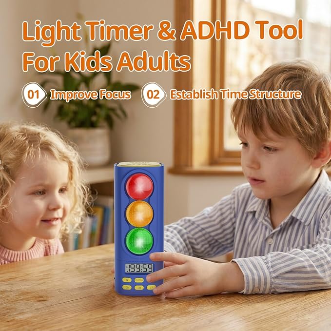 Traffic Light Timer, Custom Countdown, ADHD Tool, Volume & 4 Rings | visual meeting Classroom Desk Kitchen Type C Included Back to School Blue