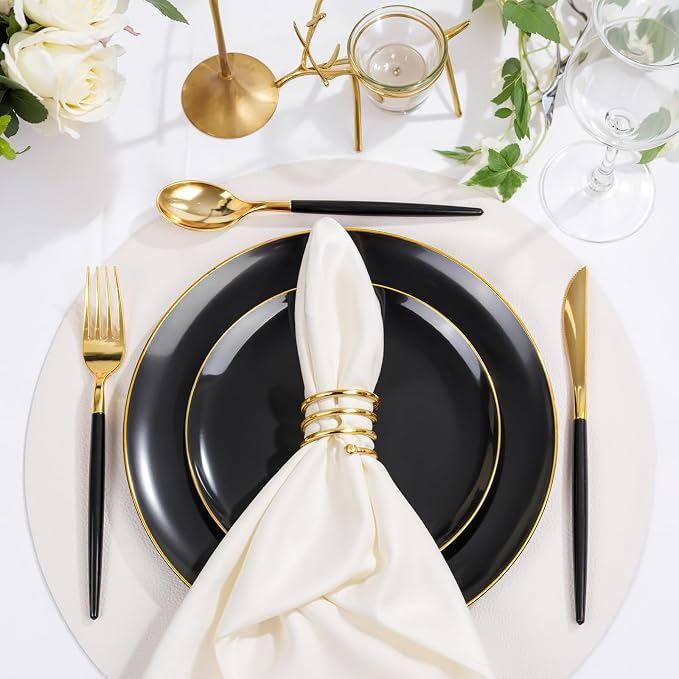 DaYammi 150Pcs Black Plastic Plates with Gold Silverware,Black Disposable Plates Set Included 30 Dinner Plate,30 Dessert plate,30 Knives,30 Forks,30 Spoons,black and gold plates for Party Wedding