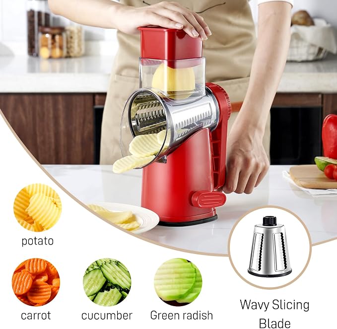 Weltonhm 4 in 1 Large Rotary Cheese Grater Hand Crank (red, 4 Graters) | Cheese Shredder Rotary and Slicer with 4 Stainless Steel Blades for Vegetables, Veggie and Cheese, Stronger Suction Base