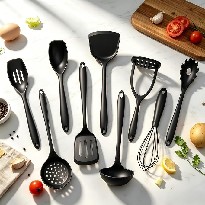 Thickened Silicone Cooking Utensils Set, 10Pcs Nonstick Kitchen Utensil Set with Solid Handle, Heat Resistant Silicone Spatula Set for Cooking, BPA Free Utensils Set with Potato Masher(Black)
