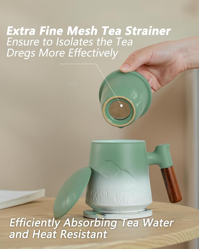 ZENS Tea Infuser Mug with Lid & Coaster for Loose Leaf Tea Steeper, 15oz | Embossed Ceramic Tea Cup with Infuser for Loose Tea Difussers, Tea Lovers Gifts, Nature Wood Handle, White