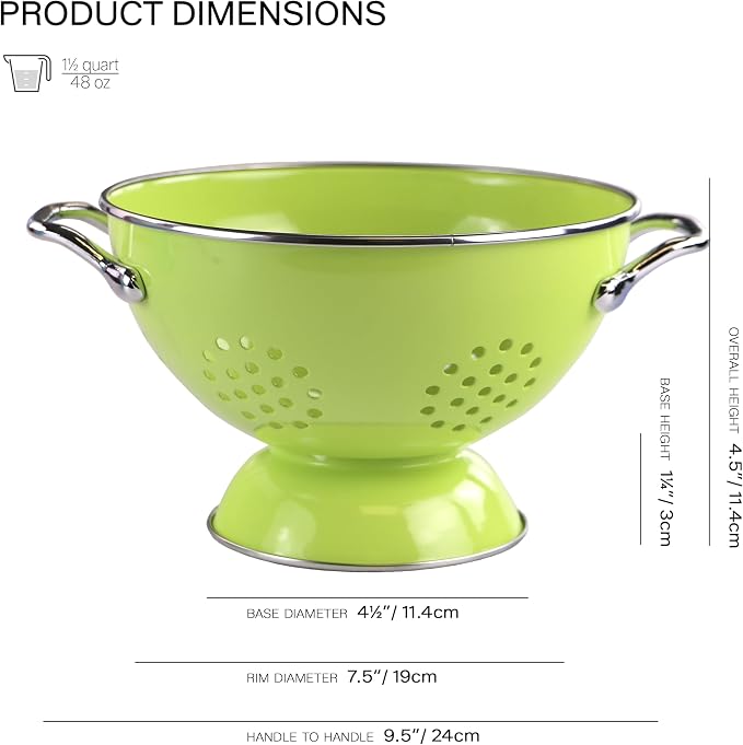 Reston Lloyd, 1.5 Quart Powder Coated Steel Kitchen Strainer Basket for draining Pasta, Vegetable and Fruit, Chrome Handles and Wide Stable Base, Lime