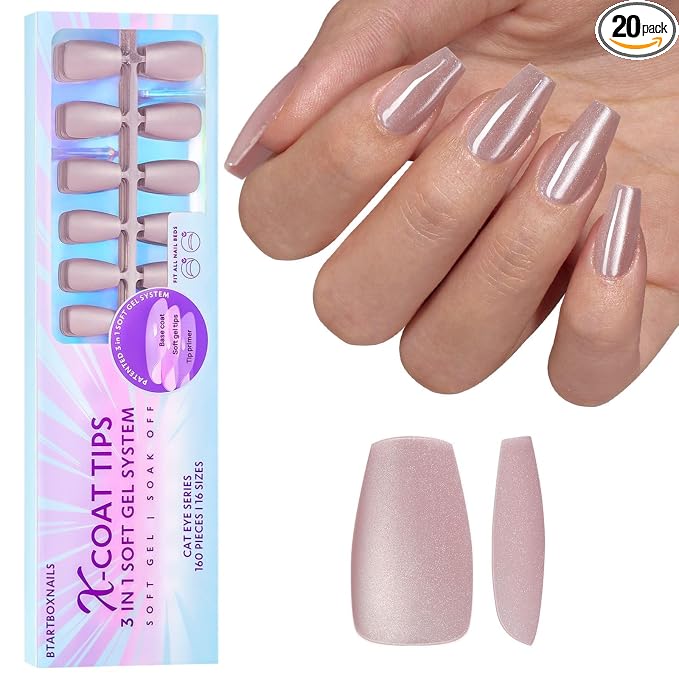 BTArtboxnails XCOATTIPS Cat Eye Press On Nails, Short Coffin, Falling Star | Lamp-Curable 4-Week Wear, Salon Quality Value at Home, Natural Nail Look, Easy-to-Apply for Beginners, 1606ct Nail Tips Only