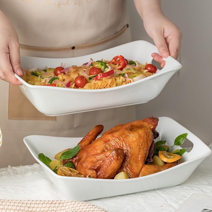 YHOSSEUN Large Serving Bowls with Handles, Serving Dishes For Entertaining | White Serving Dishes, 1.5 Quarts Ceramic Bowl Set Rectangle Serving Platter for Thanksgiving, Set of 2