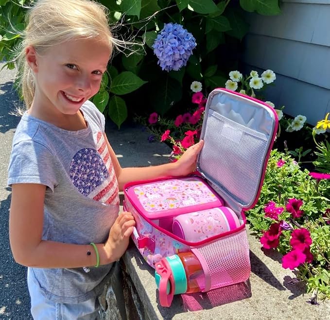 kinsho kids Bento Lunch Box Set with Thermo, Bag & Ice Pack, Pink Unicorn | 4 Compartments, Removable Tray, Small Meal or Snack Container for Girls Toddlers, Daycare & Pre-School, Steel Hot Food Jar