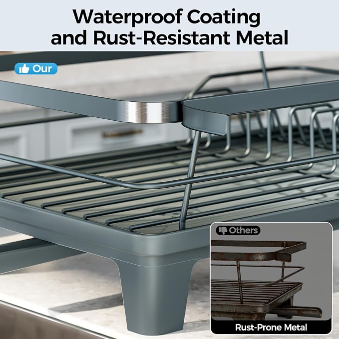 Urakify Dish Drying Rack for Kitchen Counter, 16.5" L x 12.2" W, Blue | Large Dish Drainer with Cutlery Holder, Sink Dish Rack with Drainboard for plate dish silverware, Space Saving