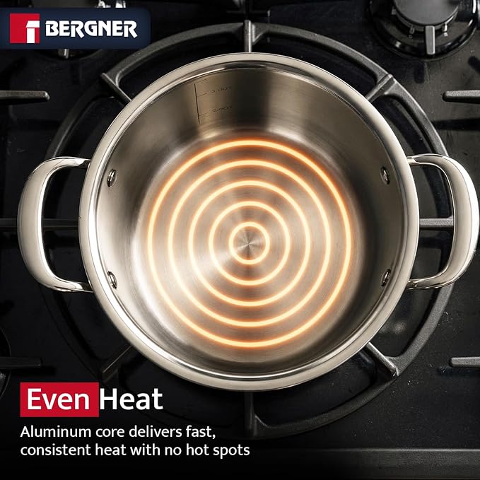 Bergner Argent Collection 4.5 Quart Tri-Ply Stainless Steel Dutch Oven with Tempered Glass Lid - Even Heat Distribution, Riveted Stay-Cool Handle, Induction Compatible, Dishwasher Safe