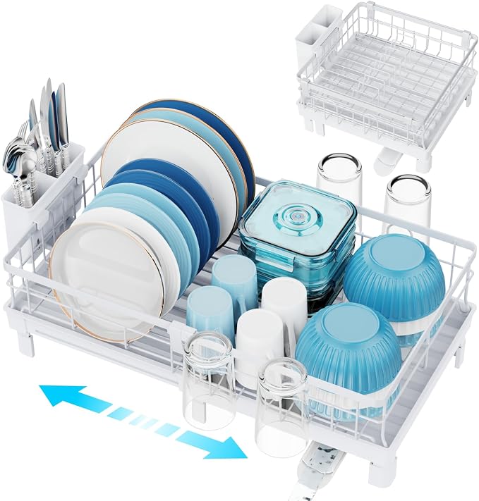 Expandable Dish Drying Rack - Compact with Drainboard, White | 12-20.5 in Adjustable Length, 360° Rotating Drain Spout, Cup & Utensil Holder, Rust-Resistant, Ideal for Small Kitchens & RVs