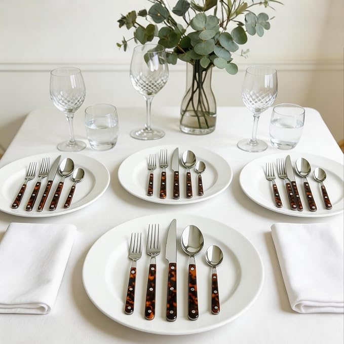 20-Piece Premium Cutlery ABS Handle, Stainless Steel Flatware Set Tortoise | Includes Forks, Knives, Spoons & Teaspoons, Complete Dining Set Perfect for Everyday Meals Dinner Parties & Special Occasions