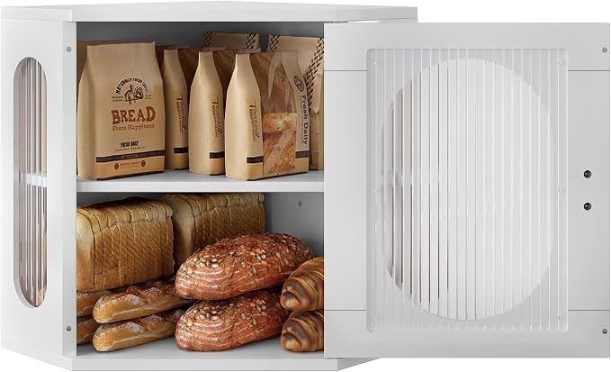 Alpeir Corner Bread Box for Kitchen Countertop, 3 Adjustable Height, White | Solid Pine Wood, Hold 2 Loaves, Strong Acrylic Window, Easily Care, Farmhouse Pantry Container for Home Baker, Family of 4