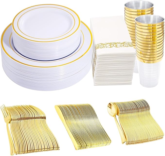 350 Pieces White and Gold Plastic Plates - 50 Guest Dinnerware Set Include 100 Plates, 50 Gold Plastic Silverware, 50 Paper Napkins and 50 Cups for Wedding/Baby Shower/Birthday/Party