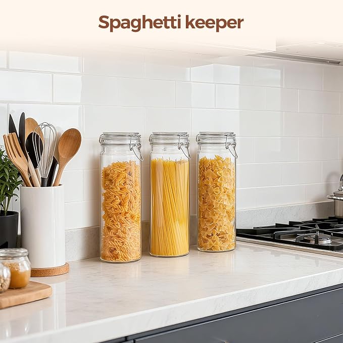 ComSaf Tall Glass Pasta Containers with Airtight Lids 68 oz 3 Pack Canister | Spaghetti linguine, Long pasta storage, Breadsticks, Vertical pantry organization, Cabinet organization, Dry food storage