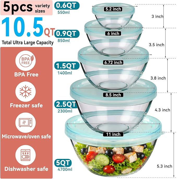 YUANYE 5 Pack Glass Mixing Bowls with Lids Set (5QT/2.5/1.5/0.9/0.6QT), Thick Glass Large Salad Bowl Set, Nesting Kitchen Bowls for Serving,Prepping,Cooking and Baking,Dishwasher,Oven,Microwave Safe