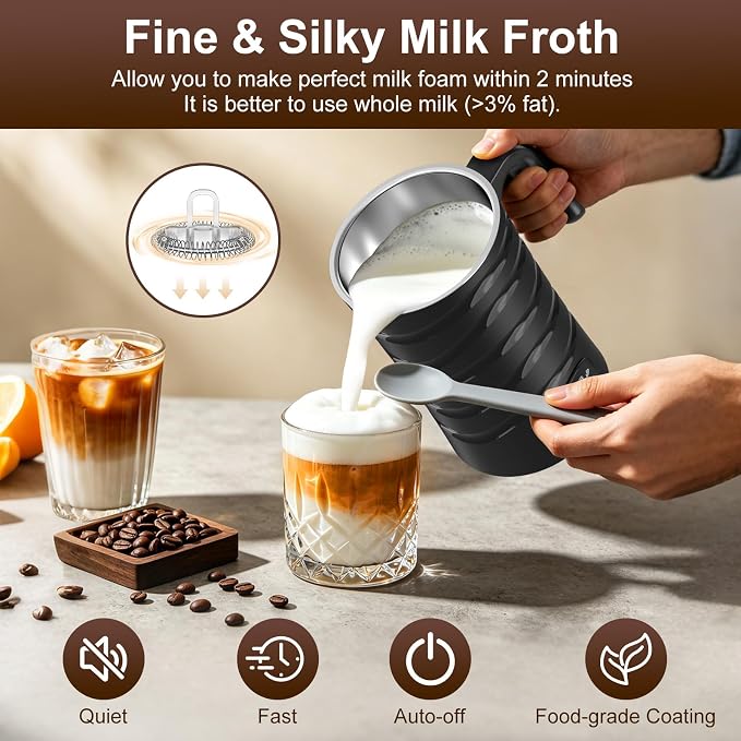 COO Milk Frother, 4-in-1 Electric Milk Steamer 350ml | Hot & Cold Foam Maker with Auto Shut-Off, Smooth Froth for Latte, Cappuccino, Macchiato & Hot Chocolate, Black