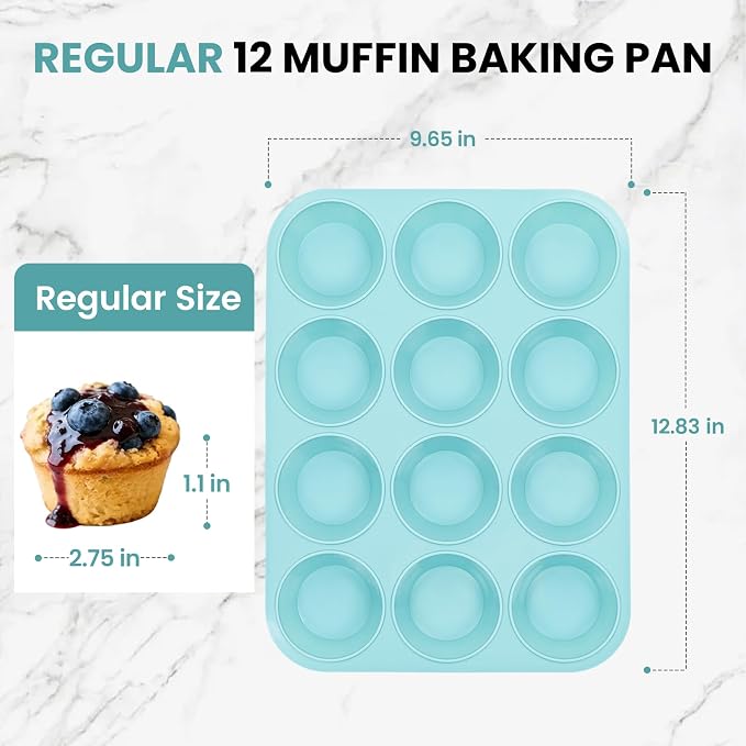 CAKETIME Silicone Muffin Pans for Baking, 2 Pack Regular Size Muffin Pan 12 Cups Non Stick Silicone Molds for Baking Muffin, Egg Bites, Cupcake BPA Free
