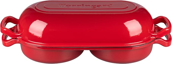 Enameled Cast Iron Double Dutch Oven with Lid, Dual Round Loaf Pan, Bread pan for Homemade Sourdough Bread Baking, Red