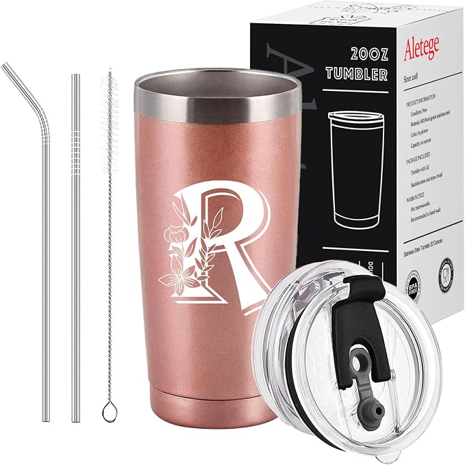 Letter R Insulated Travel Cup with Lid, Personalized Initial Mugs for Women, Letter R Gift Coffee Mugs for Women, Wife, Mom, Grandma, Bridal Shower Gifts, 20 OZ Rose Gold Two Lids