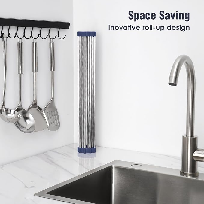 Tomorotec Roll Up Dish Drying Rack Over Sink, 304 Steel, 17.7x12.5, Indigo | Anti-Slip Silicone Rims For Grip, Heat-Resistant Trivet Mat Holding Heavy Cookware, Rustproof Kitchen Counter Space Saver