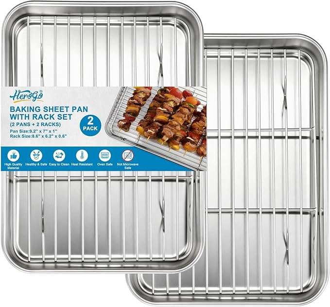 Herogo Small Stainless Steel Baking Sheet with Rack Set(2 Pans + 2 Racks), 9.2'' x 7'' x 1'' Mini Metal Bacon Tray with Cooling Rack Set for Oven, Nontoxic & Easy Clean