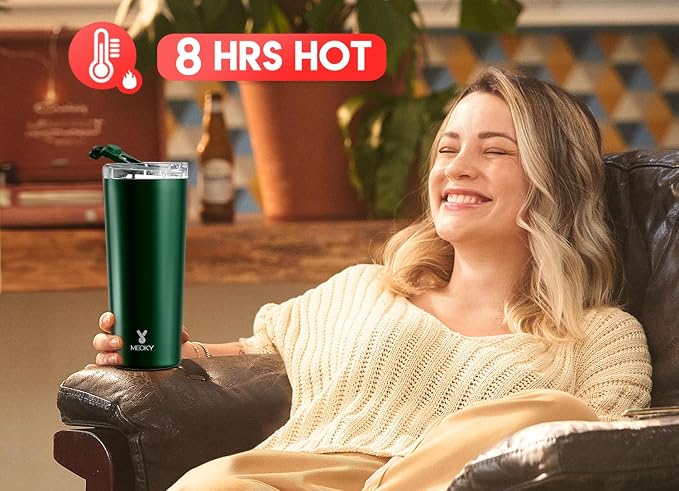 Meoky 24 oz Insulated Travel Coffee Mug: Leak Proof Lid, Evergreen | Stainless Steel Coffee Tumbler, Keeps Hot for 8 Hours or Cold for 24 Hours, Fits in Car Cup Holder, BPA Free