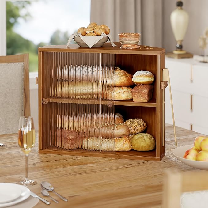 Corner Bread Box with Sliding Acrylic Doors, Double Layer Bread Bin | Bread Box for Kitchen Countertop, Bamboo Bread Storage Container, Large Capacity Vintage Farmhouse, Caramel, Meduim