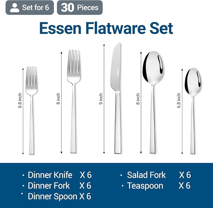 30-Piece Durable Silverware Set, 18/10 Stainless Steel Flatware | Dishwasher Safe, Service for 6, Spoons and Forks Set for Everyday Use, Home, Kitchen, Restaurant, Hotel, Party (Essen)