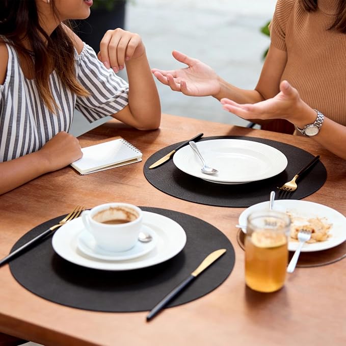 MOSAYT 13 Inch Round Vinyl Placemats Set of 6 - Faux Leather 100% Waterproof Oil-Proof Wipeable PU Place Mats, Heat Resistant Reversible Table Mats for Kitchen, Dining, Outdoor, Black
