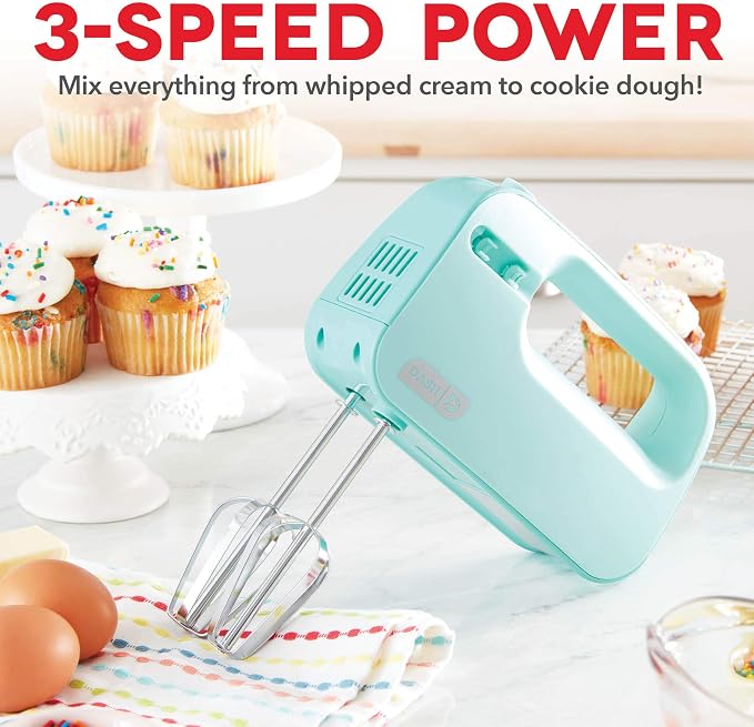 Dash SmartStore Hand Mixer - Electric Handheld Mixer For Everyday Baking - 3-Speed Power and One-Touch Beater Ejector Button - Aqua, Includes Whisk and Milkshake Attachments