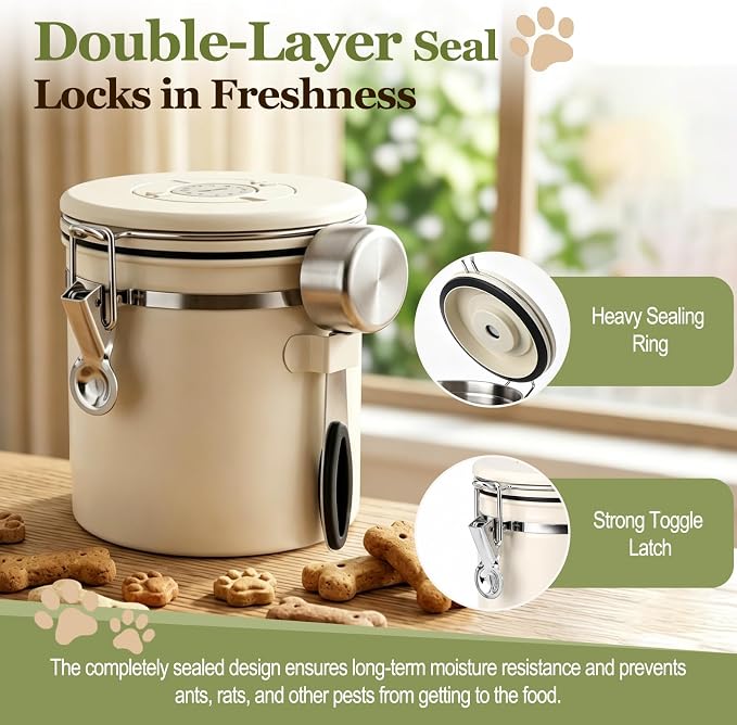 Dog Treat Container Airtight, 1.3 Qt 304 Stainless Steel Dog Treat Jar & Pet Treat Canister with Scoop, Date Dial, Locking Clamp, Silicone Seal for Dog Biscuits, Cookies, Training Snacks