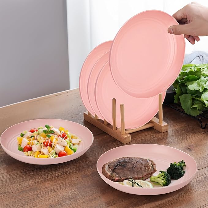 Rubtlamp 16Pcs Plastic Wheat Straw Dinnerware Set, Reusable Plastic Plate Set for 4, Kitchen Plates And Bowls Set (Pink) Include Dinner Platos, Dessert Platos, Cereal Bowls, Cups for Daily, Camping