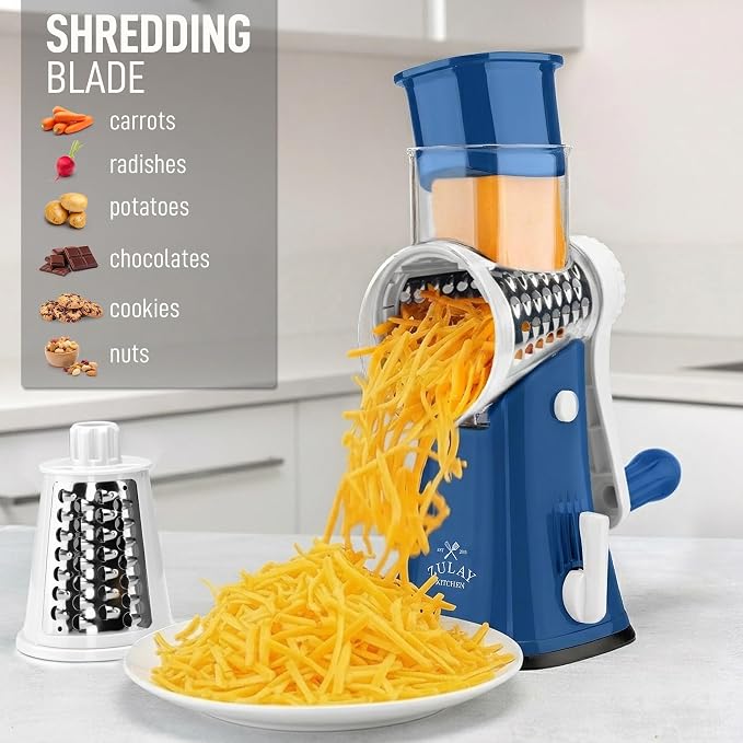 Zulay Kitchen Rotary Cheese Grater 5 Blade Cheese Shredder - Manual Hand Crank Cheese Grater With Reinforced Suction & 5 Interchangeable Drums - Easy to Use, Vegetable Chopper Round Mandoline Slicer