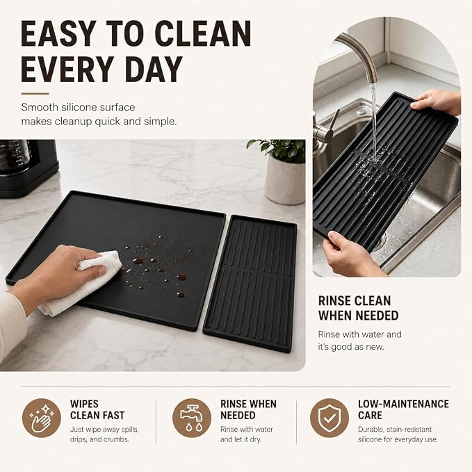 Silicone Coffee Mat 24 x 16 in with Tray, Classic Black | Coffee bar mat for countertop use, coffee station mat or coffee machine mat with removable tray and 0.47 in raised rim.
