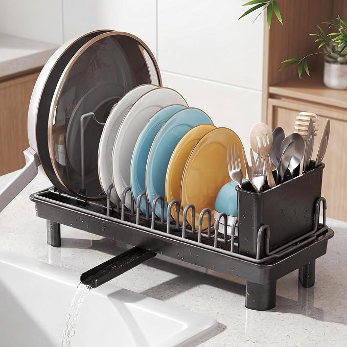 Small Dish Drying Rack Carbon Steel Dish Rack Rustproof for Kitchen Counter Compact Dish Drainer with Adjustable Slots for Small Kitchens & Apartments 16.5×6.5×7inch Black