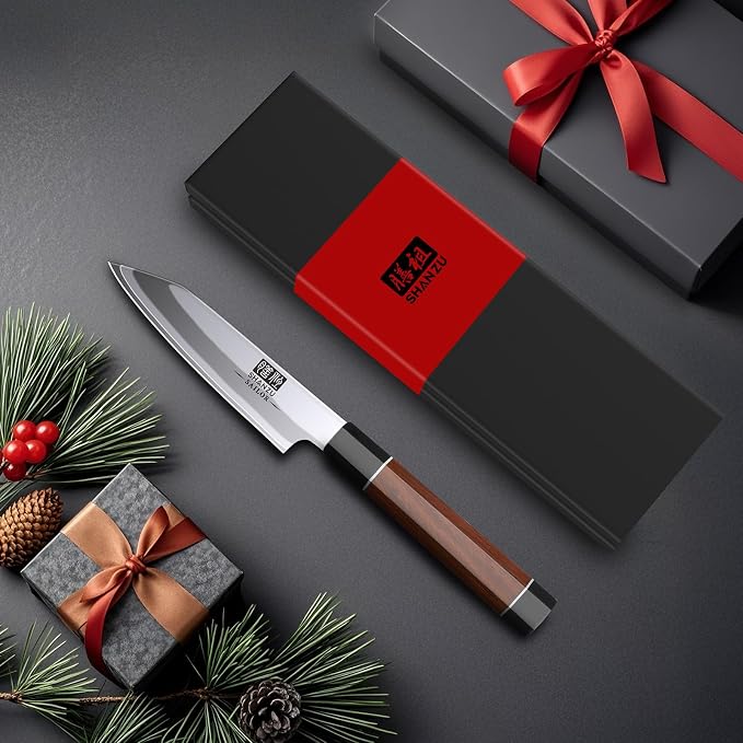 SHAN ZU 3.75" Japanese Paring Knife, 9 Layers 10Cr15MoV High Carbon Steel | Small Kitchen Knife, Ultra Sharp Fruit Sashimi Knife with Red Sandalwood Handle, Gifts for Women & Men