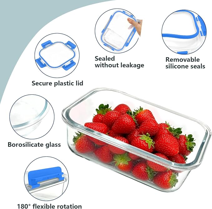 12 Pack Glass Food Storage Container Set with Lids Non Toxic, Stackable Borosilicate Glass Meal Prep Containers, Microwave, Oven, Freezer and Dishwasher Safe (Blue-12)