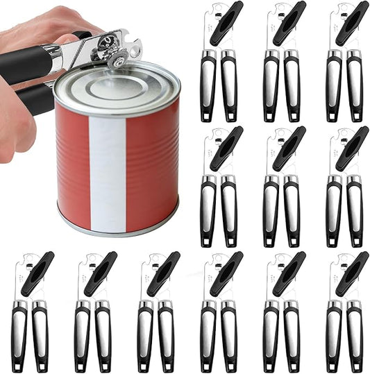 12 Pcs Manual Can Openers Bulk Multifunctional Tin Bottle Can Opener Smooth Edge with Sharp Blade Handheld Soft Grip Handle Quick Opening Tool with Large Turn Knob for Kitchen Black